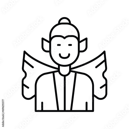 Line art of a figure with wings pointy ears and a bun smiling. Editable stroke icon