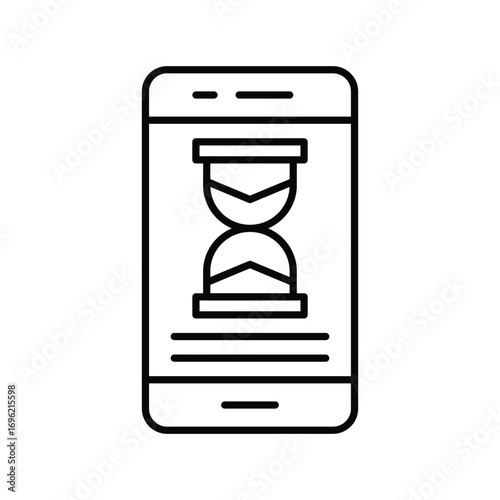 Line art of a smartphone displaying an hourglass symbol above horizontal lines. Editable stroke icon