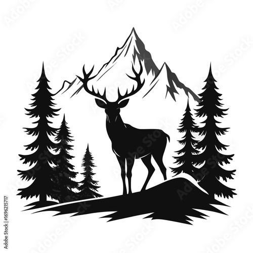 silhouette, antler, animal, nature, wildlife, forest, cervid, buck, graphic, hunting, mammal, stag, design, drawing, outdoors, vector, wild, tree, timberland, majestic, art, head, illustration, landsc