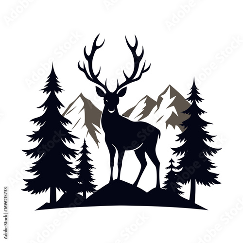 silhouette, antler, animal, nature, wildlife, forest, cervid, buck, graphic, hunting, mammal, stag, design, drawing, outdoors, vector, wild, tree, timberland, majestic, art, head, illustration, landsc