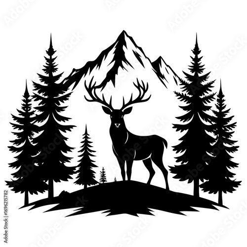 silhouette, antler, animal, nature, wildlife, forest, cervid, buck, graphic, hunting, mammal, stag, design, drawing, outdoors, vector, wild, tree, timberland, majestic, art, head, illustration, landsc