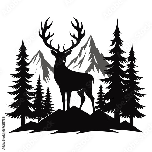 silhouette, antler, animal, nature, wildlife, forest, cervid, buck, graphic, hunting, mammal, stag, design, drawing, outdoors, vector, wild, tree, timberland, majestic, art, head, illustration, landsc