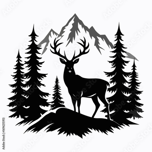 silhouette, antler, animal, nature, wildlife, forest, cervid, buck, graphic, hunting, mammal, stag, design, drawing, outdoors, vector, wild, tree, timberland, majestic, art, head, illustration, landsc
