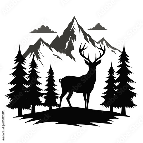 silhouette, antler, animal, nature, wildlife, forest, cervid, buck, graphic, hunting, mammal, stag, design, drawing, outdoors, vector, wild, tree, timberland, majestic, art, head, illustration, landsc