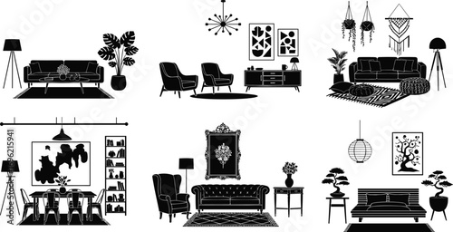 Interior living room illustration, black and white home decor art, modern furniture drawing, cozy lounge design, dining area, contemporary room layout