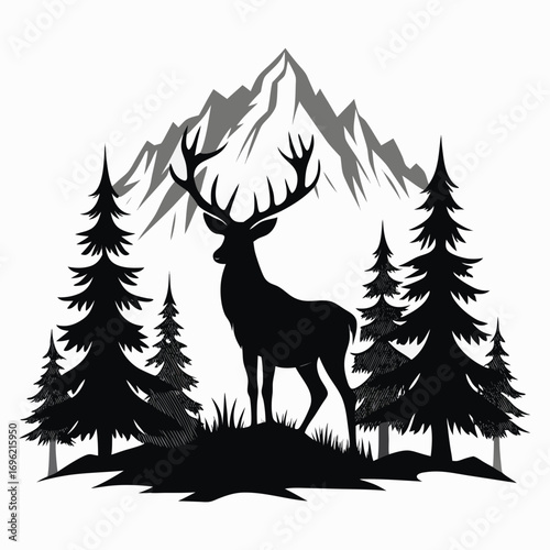 silhouette, antler, animal, nature, wildlife, forest, cervid, buck, graphic, hunting, mammal, stag, design, drawing, outdoors, vector, wild, tree, timberland, majestic, art, head, illustration, landsc