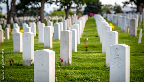 Rows of white headstones in a cemetery
