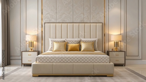 Luxurious modern bedroom interior with a king size bed and elegant decor in a hotel suite