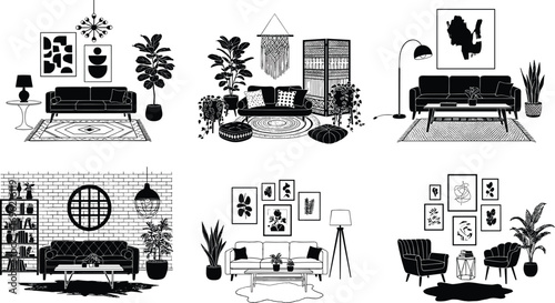 Living room interior illustration, black and white home decor drawing, modern furniture sketch, cozy lounge design, stylish home art, room layout