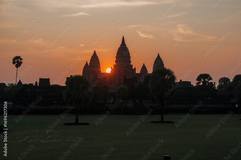 Obraz premium Stunning dawn over ancient Hindu temple showcasing exquisite architecture on a tropical island.