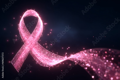 Sparkling pink ribbon symbolizes hope and awareness for breast cancer support and research, radiating a luminous glow and gentle light.