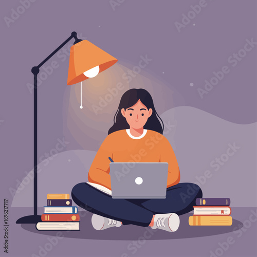 Illustration of a female student working on her laptop at night, sitting cross-legged on the floor surrounded by books under a lamp.