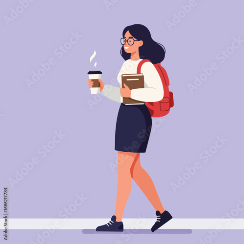 Illustration of a young woman walking with coffee and books, wearing a backpack.