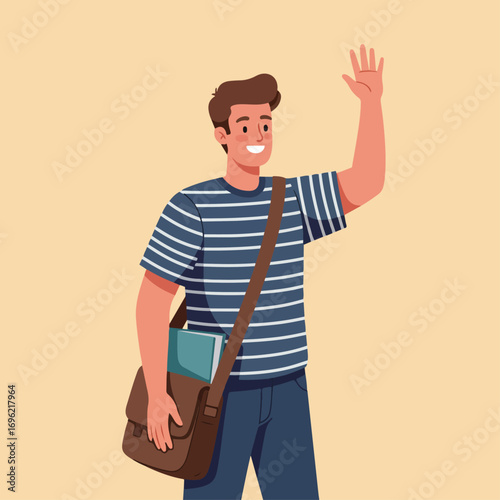 Illustration of a young man waving with a shoulder bag.