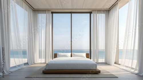 Serene luxury bedroom with a king size bed facing a large window with ocean view and sheer curtains