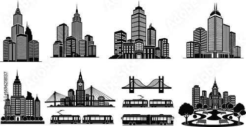 Urban cityscape illustration, black and white skyline art, modern architecture drawing, bridge design, metropolitan view, tram scene, park landscape, skyline sketch
