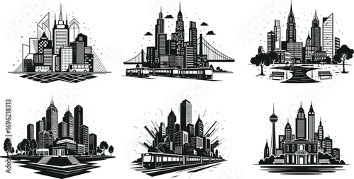 Urban cityscape illustration, black and white skyline art, modern architecture drawing, downtown silhouette, metropolitan view, city transport scene, skyline design