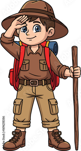 Cartoon explorer boy, young adventurer with walking stick, jungle hiking kid character, vector illustration, backpack traveler, outdoor expedition outfit