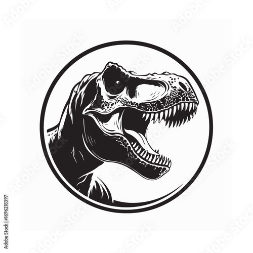 Tyrannosaurus rex head silhouette inside circle vector logo on white background