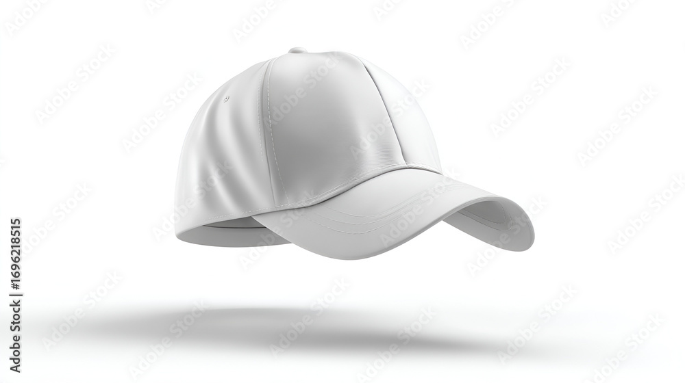 Fototapeta premium A white baseball cap hovers above a white surface casting a faint shadow