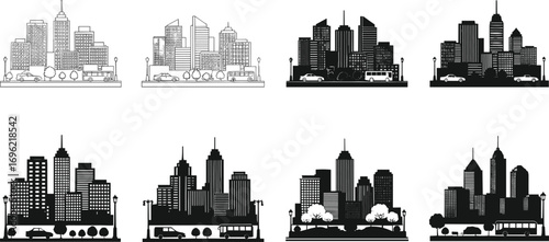 Urban cityscape illustration, black and white skyline art, modern architecture drawing, downtown silhouette, metropolitan view, street scene sketch, city skyline design