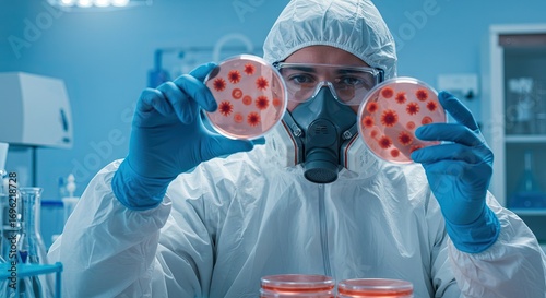 Person in hazmat suit examines petri dishes with cell growths in a bluelit lab