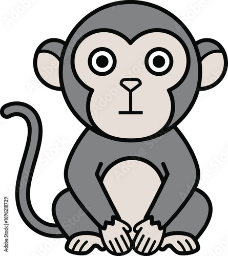 Cute cartoon monkey sitting, simple animal vector illustration, jungle baby monkey character, adorable primate design, kids drawing, wildlife mascot