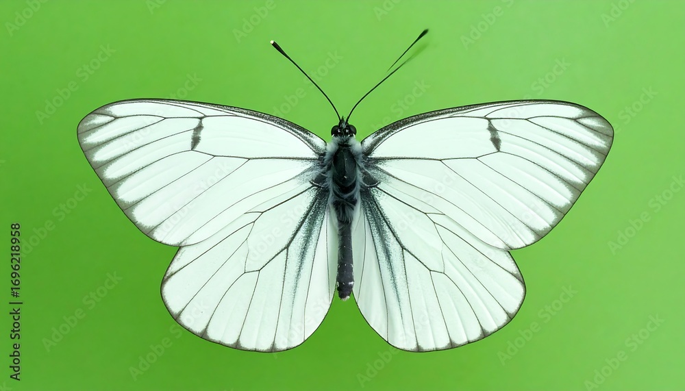 Fototapeta premium Close-up of a white butterfly with black veins, showcasing intricate wing patterns against a vibrant green backdrop. The delicate insect is centered, highlighting the fine details of its anatomy