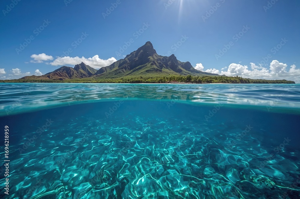 Naklejka premium Bird's-eye view of a tropical island featuring a famous mountain, vibrant blue waters, and a striking submerged waterfall.