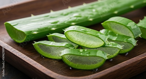 Sliced aloe vera some with water droplets rest on a dark wood tray A longer section of aloe is behind
