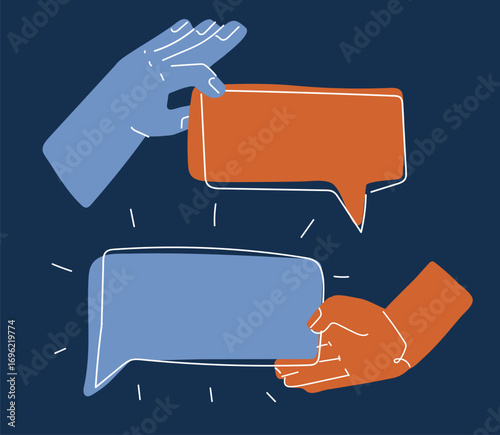Cartoon vector illustration of a hand holding speech bubble as a metaphor for communication, freedom of speech, and dialogue