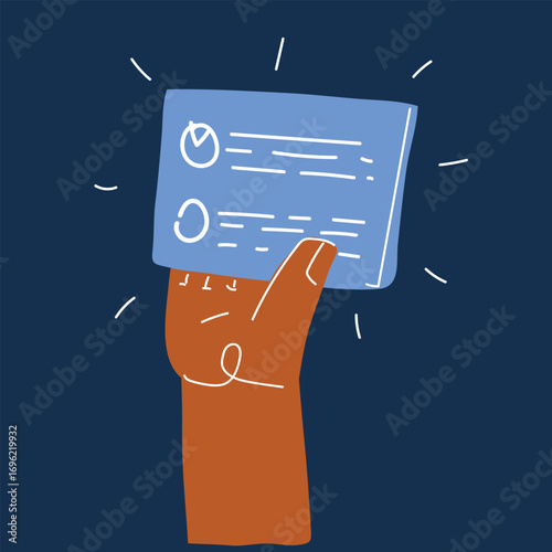 Cartoon vector illustration of a hand holding a voting ballot, symbolizing democracy, choice, participation, and civic engagement