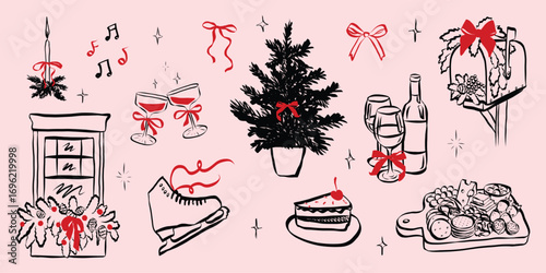 Whimsical chalk doodles of Christmas party. Quirky icons of breakfast and dinner meals in crayon style. Crayon drawing for menus and invitations. Minimalistic charcoal vector illustration