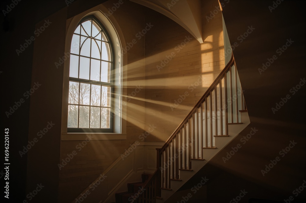 Obraz premium Warm afternoon light streams through stained glass, illuminating the stairs leading up to the choir loft in a coastal chapel.