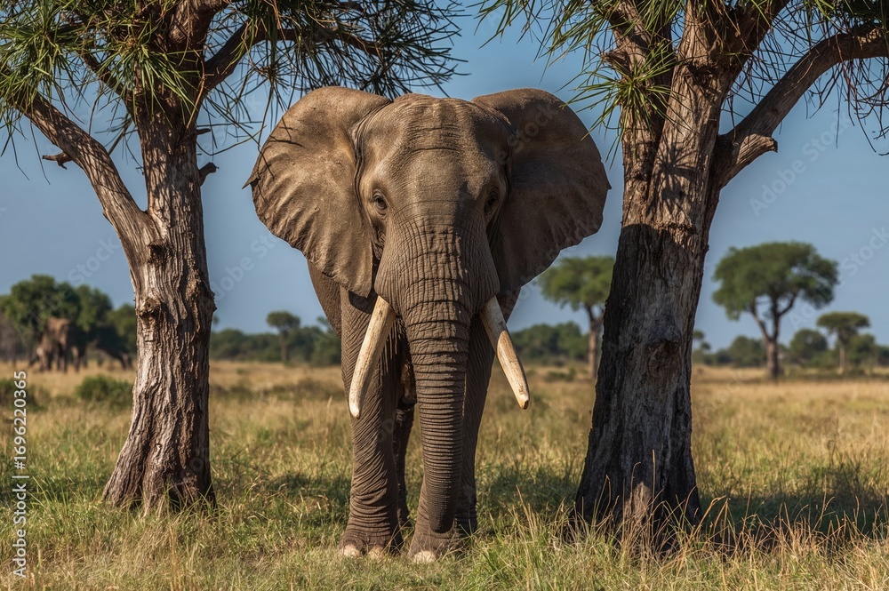 Fototapeta premium Loxodonta africana elephant positioned amidst forest trees