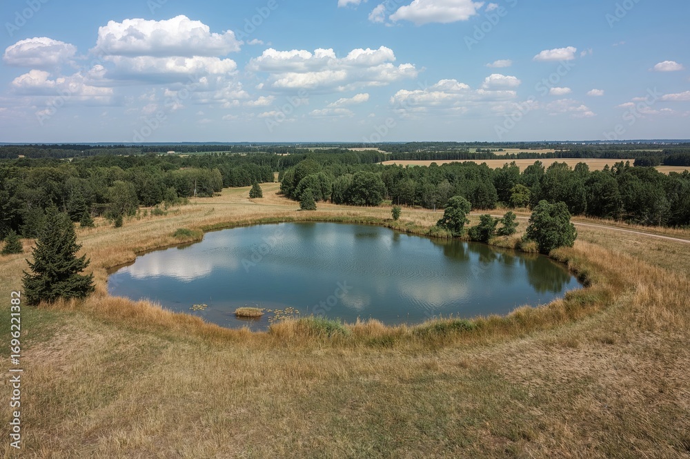 Obraz premium Bird's-eye perspective of a tiny pond and marshland in a valley