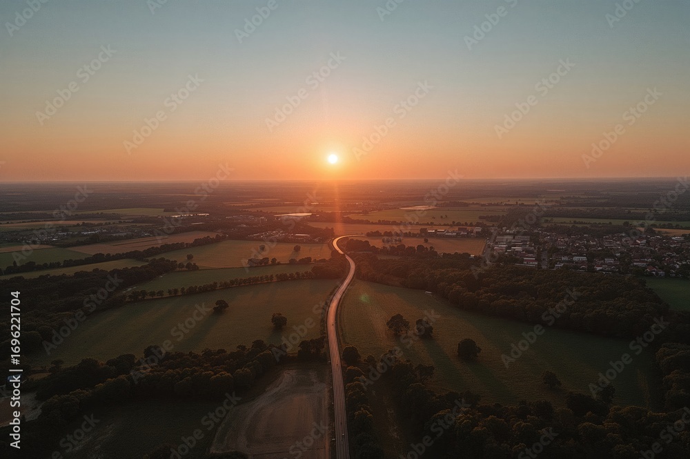 Fototapeta premium Sunset panorama over a vast plain with flowers and green fields under a summer sky