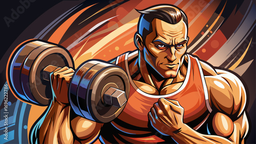 Close-up portrait of male athlete holding dumbbell. Isolated background emphasizes strength, determination, and performance.