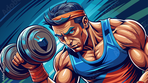 Close-up portrait of male athlete holding dumbbell. Isolated background emphasizes strength, determination, and performance.