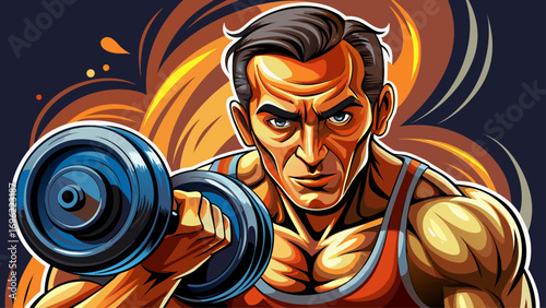Close-up portrait of male athlete holding dumbbell. Isolated background emphasizes strength, determination, and performance.