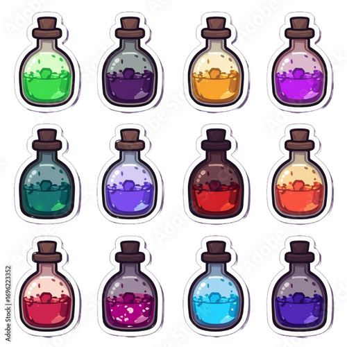 Kawaii potion bottle stickers set, colorful magic bottles in cartoon vector style