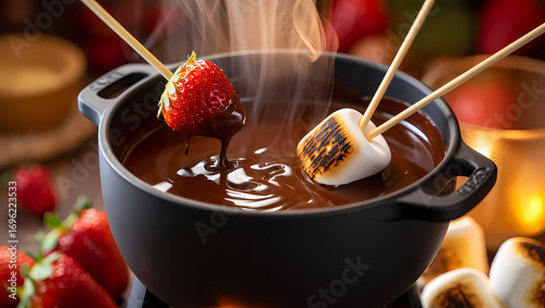Delicious chocolate fondue with fresh strawberries and toasted marshmallows, a sweet and indulgent treat for a cozy and romantic dessert night