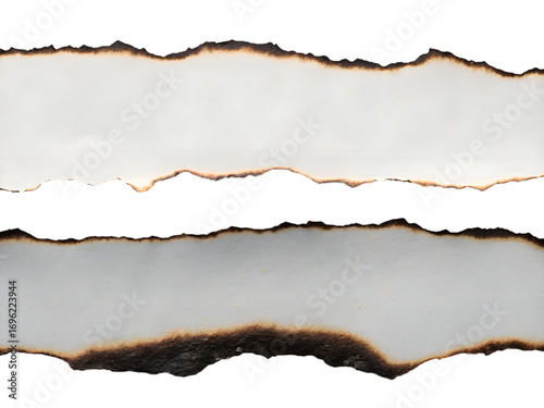 Two torn paper edges with burnt effect isolated on transparent background
