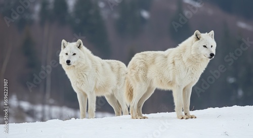 Two white wolves stand sidebyside in a snowy field with a blurred wooded backdrop