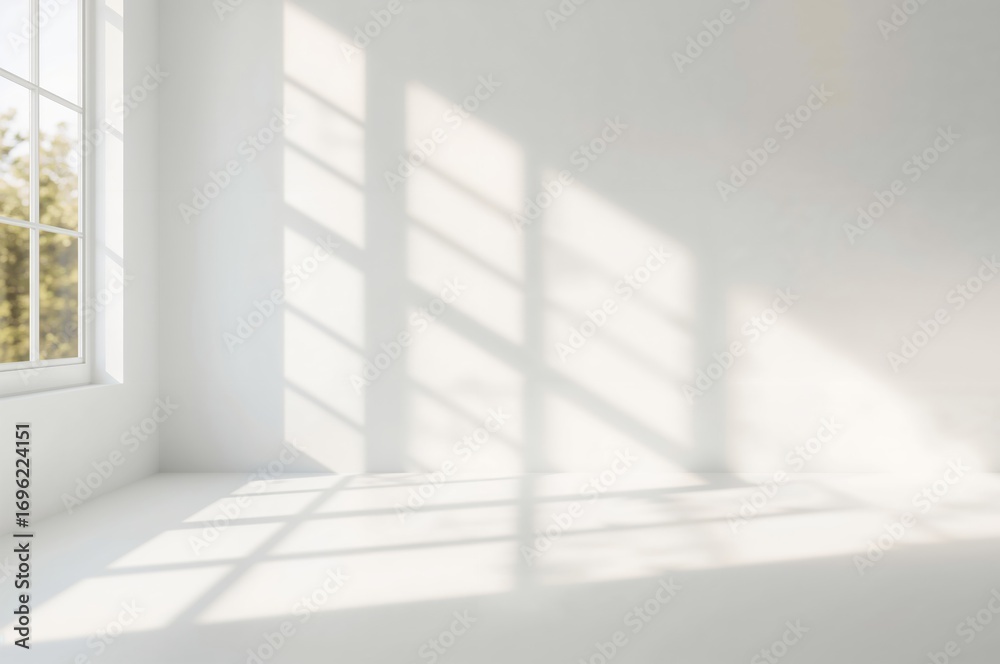 Fototapeta premium Minimalist White Studio Setting with Sunlit Window Shadows and Soft Focus Backdrop for Product Presentation