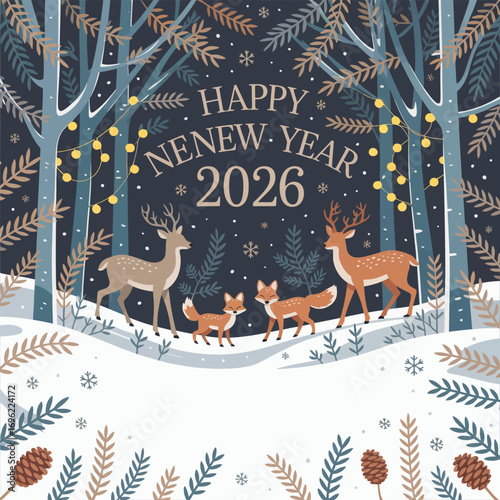 Happy New Year 2026 forest scene with deer, foxes, and winter decorations Keywords: New Year