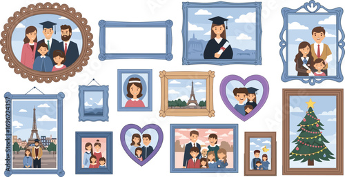 Family photo frames collection, graduation memories, holiday celebration, Eiffel Tower travel pictures, heart-shaped portraits, home decor illustration bundle