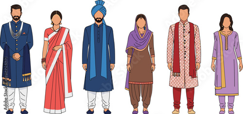 Indian traditional clothing illustration, cultural ethnic wear for men and women, wedding fashion, festive outfits, Punjabi, South Asian attire