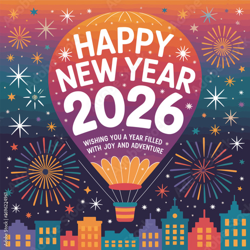 Happy New Year 2026 hot air balloon over city with fireworks celebration cityscape