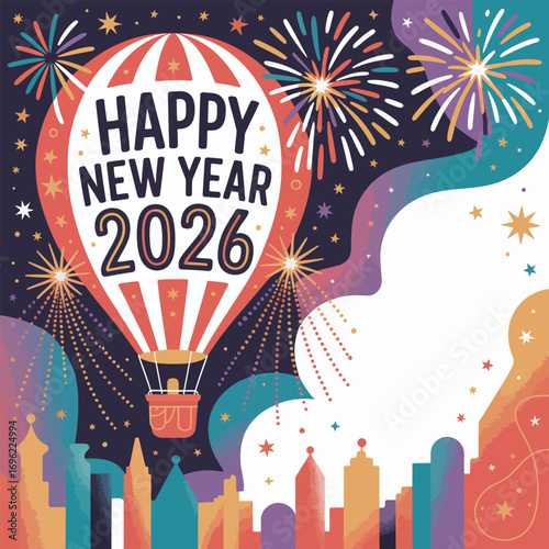 Happy New Year 2026 hot air balloon over cityscape with fireworks celebration